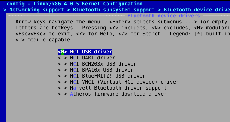 Menú de Bluetooth device drivers de KConfig