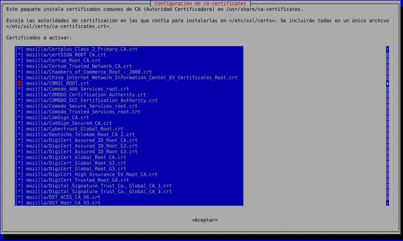 Pantallazo de dpkg-reconfigure ca-certificates