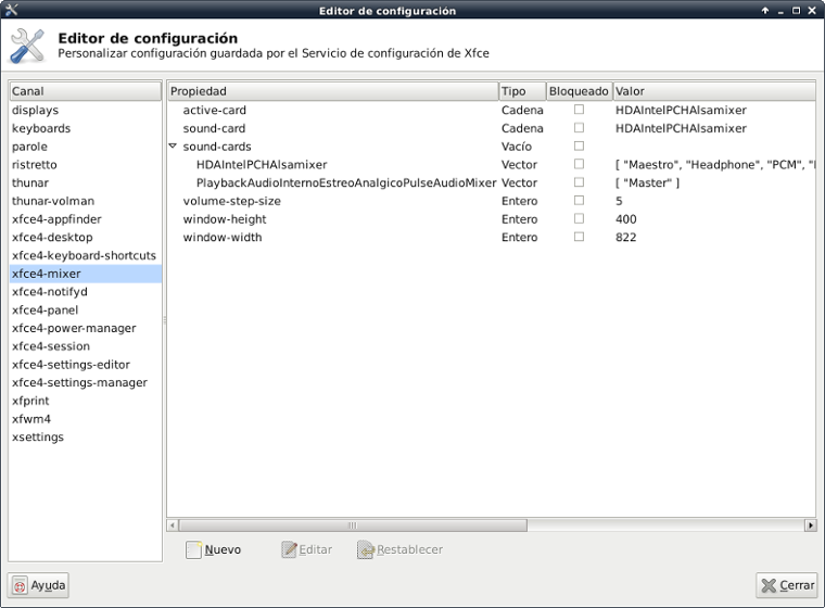 Propiedades de xfce4-mixer en el Editor de Configuraciones