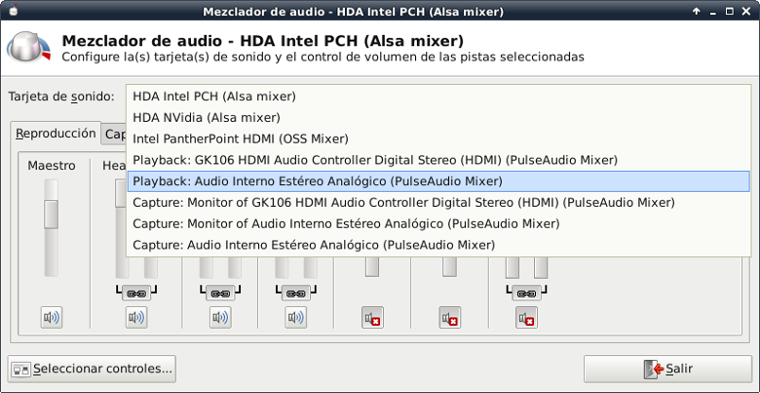 Seleccionando el Mixer de PulseAudio en xfce4-mixer